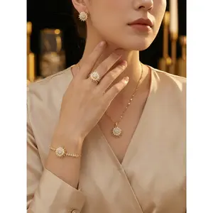 Jewelry Set Fashion Style New Zircon Sunflower Ins Ring Rotatable Clavicle Chain Jewelry Bracelet Necklace Earrings RingGift
