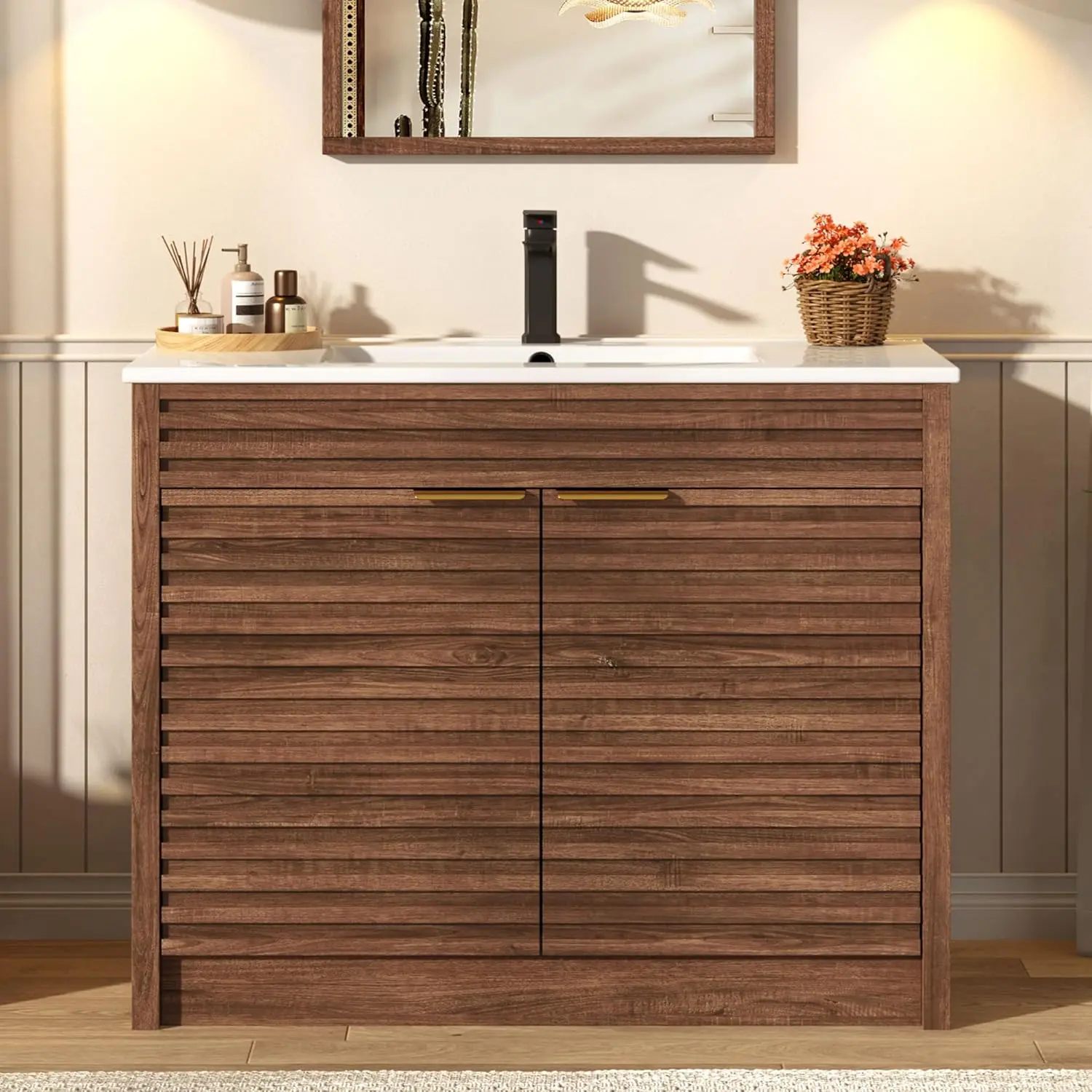 24 Inch/36 Inch Bathroom Vanity with Sink, Mid-Century Modern Bathroom Vanity with Storage Cabinet, Freestanding Bathroom Cabinet with Door Shelves and Faucet, Light Oak/Dark Oak/Black