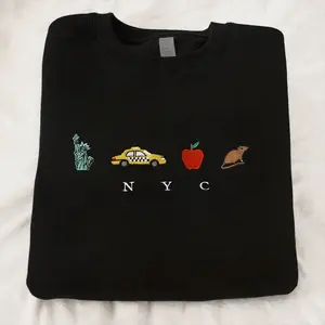 New York City Embroidered Sweatshirt – Black NYC Crewneck with Statue of Liberty, Broadway, Central Park & Manhattan Icons