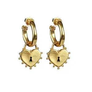 Midnight Solstice Locked Heart Earrings Chunky Gold Plated Small Open Hoops with Heart Pendant 1.9" Height 0.9" Length Girl Accessories jewellery
