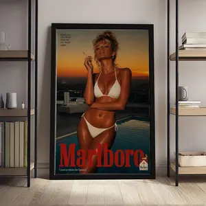 Top Rated Vintage Marlboro Sunset Pool Bikini Woman Framed Canvas Print, Retro Classic Cigarette Advertising Aesthetic Wall Poster, Vintage Bar Decor Gift For Retro Ad Collectors, Stylish Wall Art For Man Cave Lounge Bedroom Apartment