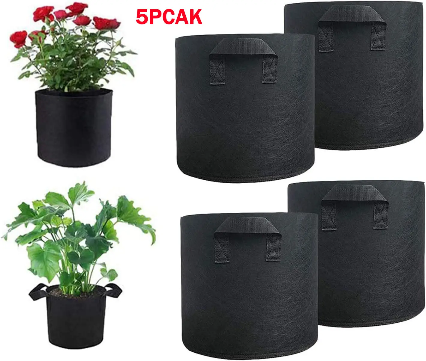 5-Pack 5 Gal Nonwoven Grow Bags, 300G Thick Heavy-Duty Aeration Pots with Handles for Vegetables, Flowers, Plants (Home Gardening Supplies)