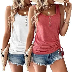 Womens Tank Tops, 2 Pack Summer Tank Tops for Women 2025, Sleeveless U Neck Loose Button Casual Henley Tops Shirts Womenswear Drawstring