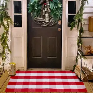 Christmas Red and White Plaid Rug 27.5 x 43 Inches, Hand-Woven Indoor/Outdoor Layered  Blend Buffalo Plaid Rug, Washable Front Door Mat,  for Porch, Living Room, Entryway