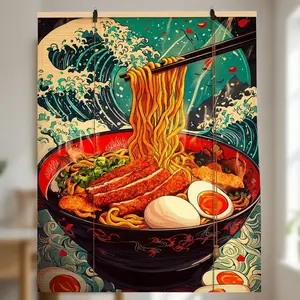 Ramen & Kanagawa Wave Bamboo Blinds – Japanese Food Art Window Shade, Great Wave Style Bamboo Roller Blind, Asian Decor