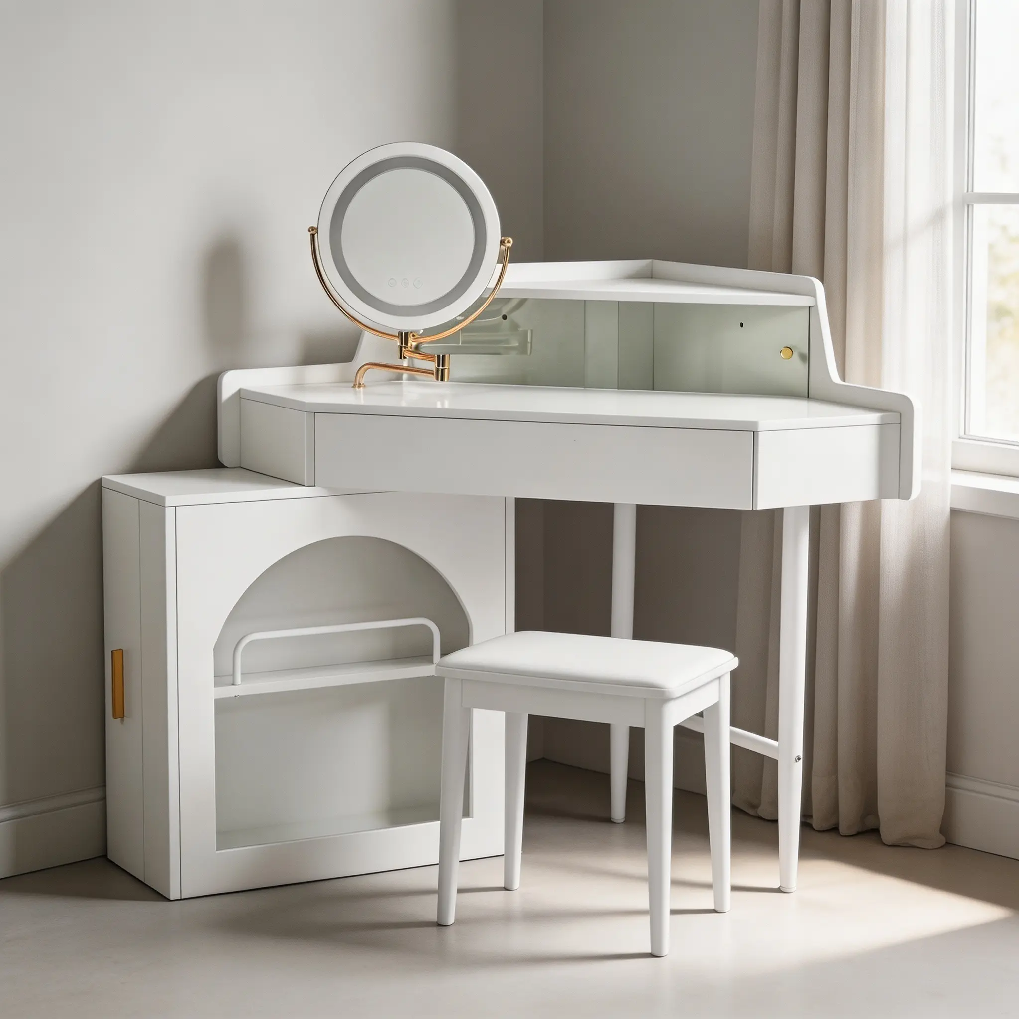 Modern L-Shaped Corner Vanity Desk with LED Tri-Folding Mirror, Engineered Wood Makeup Dressing Table with Large Storage, Stool, Step Manual for Small Spaces (White)
