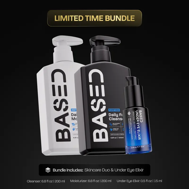 BASED Essential Skin Set | Under Eye Elixir, Daily Cleanser, Daily Moisturizer | Simple, Effective, BASED.
