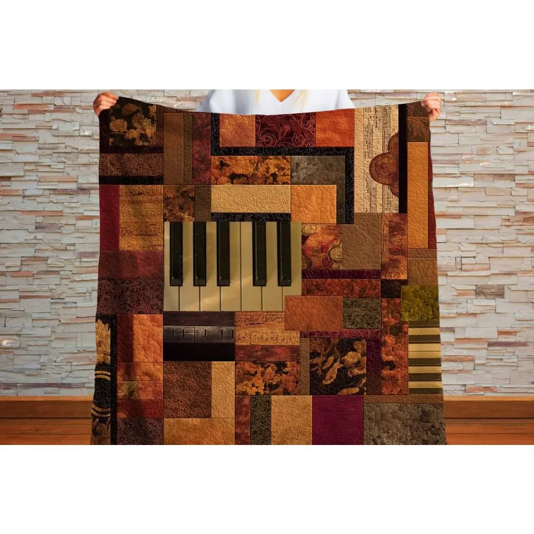Vintage Piano Quilt Sherpa Throw Blanket Musical Patchwork Design
