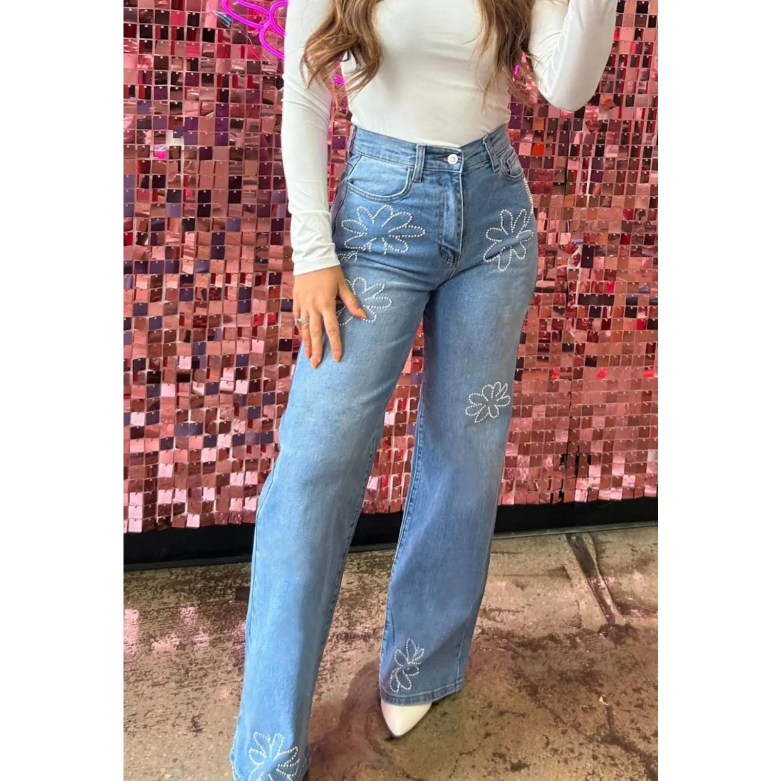 Light Blue Floral Rhinestone Decor High-Rise Wide-Leg Denim Jeans