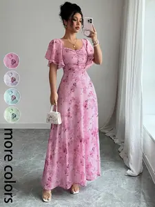 VYBE Floral Print Women's Dress, Pleated Detail, Belted Skirt / Women's Chiffon Butterfly Print, High-Waisted A-Line Dress with Bat Wings and Ruffles, Sweet French Style Summer Wear, Engagement Dress / Bridesmaid Dress / Vacation / Casual Date Outfit