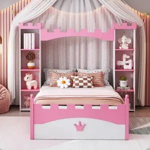 Castle-Shaped Wooden Bed with Storage Shelf, Dreamy Twin Size Platform Bed , White + Pink