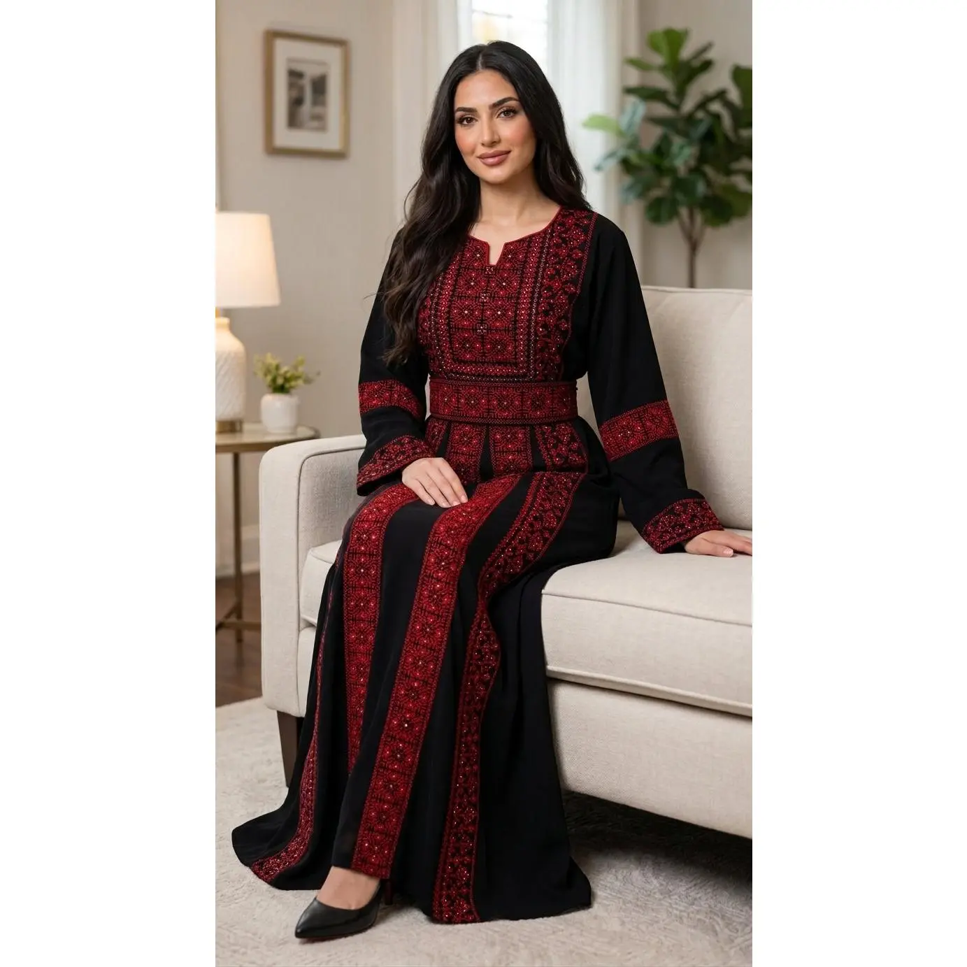 Classic Black & Red Embroidered Thobe Dress