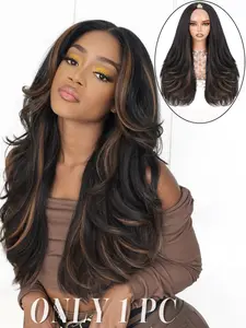 26 Inch Light Yaki Wavy V Part Wigs with Brown Highlights, Glueless Half Wigs with Layers for Black Women, Natural Blend Synthetic Clip in Wigs, Lightweight Beginner Friendly for Daily Use