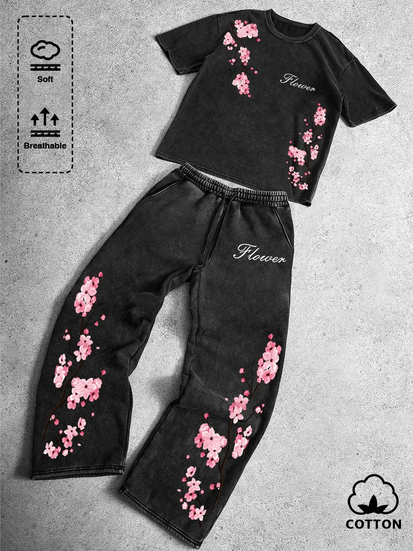 Japanese Sakura Floral 2 Piece Tracksuit - Vintage Black Oversized Tee & Wide Leg Pants with Cherry Blossom Print, Soft Breathable Cotton Streetwear Loungewear, Unisex Dark Academia Casual Outfit for Daily Wear