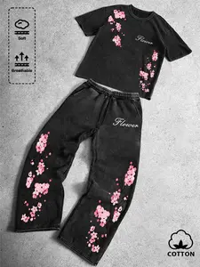 Japanese Sakura Floral 2 Piece Tracksuit - Vintage Black Oversized Tee & Wide Leg Pants with Cherry Blossom Print, Soft Breathable Cotton Streetwear Loungewear, Unisex Dark Academia Casual Outfit for Daily Wear
