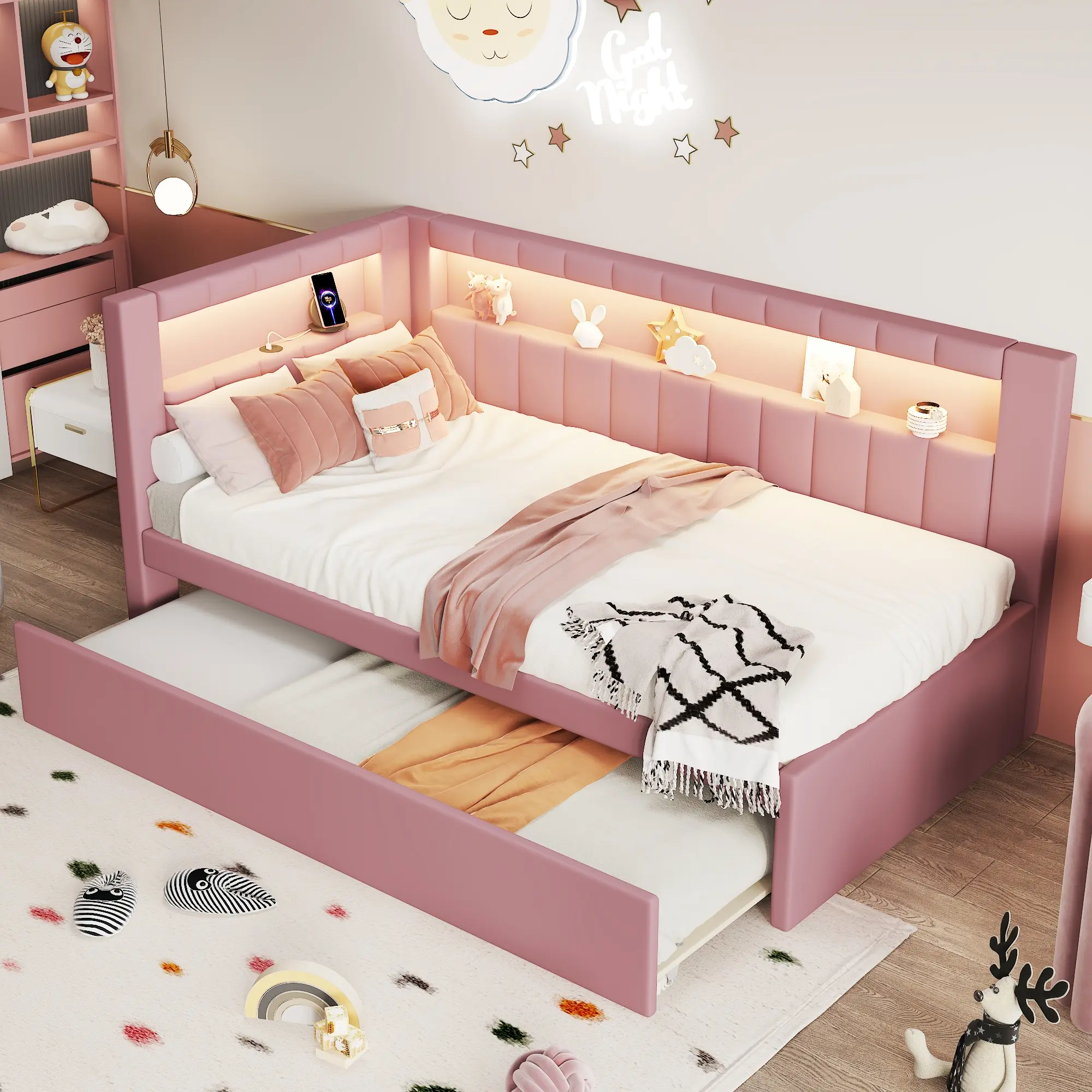 Twin Size Linen Upholstered Daybed with Trundle, L-Shaped Bookshelf Headboard, Soft Corner Design, Storage Shelves, Charging Station and LED Belt, Pink, Linen Upholstery