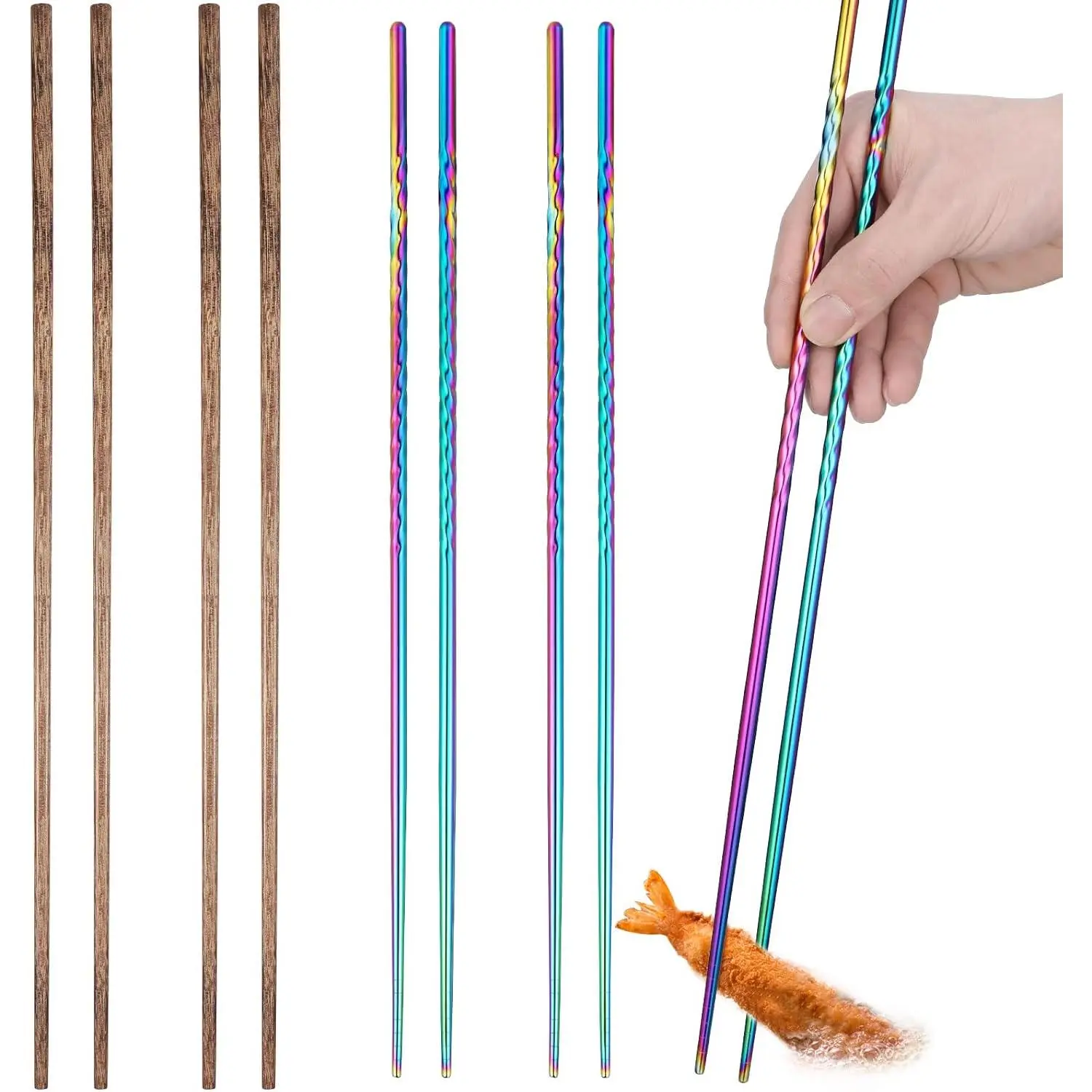4 Pairs Long Cooking Chopsticks 15.3 Inch & 16.5 Inch Extra Long Stainless Steel Wooden Noodles Chopsticks for Kitchen Cooking Frying Hot Pot, Non Slip Threaded(Mixed Color, Wood Color)
