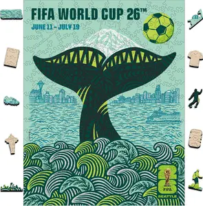 FIFA World Cup 2026 Seattle City Poster Wooden Puzzle for Adults, 200 Piece Unique Shape Jigsaw Puzzle, 5MM Thick, Officially Licensed Soccer Fan Collectible Gift, 9.3x11.8''