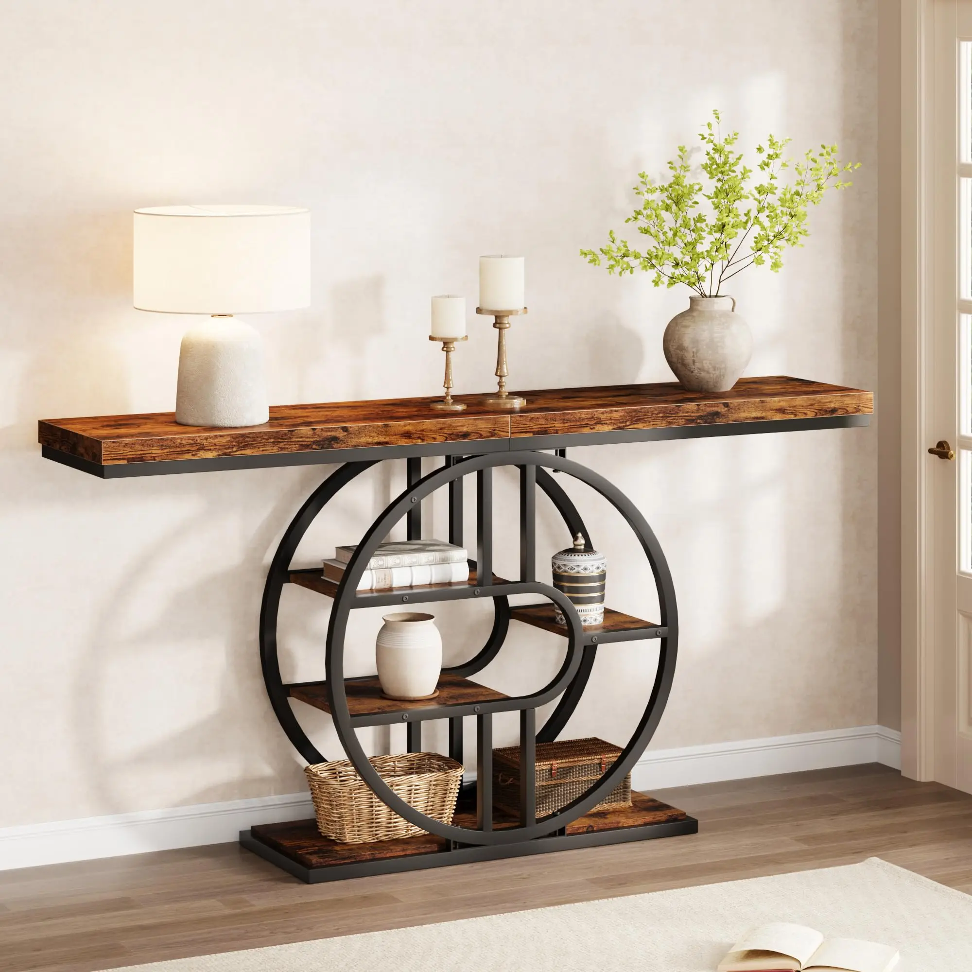 Garvee 55 Inch Narrow Entryway Console Table with 4-Tier Circle Shelves, Industrial Style Sofa Table for Living Room or Hallway, Rustic Brown Top with Black Metal Frame, Easy to Assemble