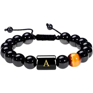 Father's Day Gifts 10MM Black Onyx Stone Initial Bracelet for Men Letter Link Handmade Tiger Eye Bead Braided Rope Bracelet Gifts Mens Bracelet
