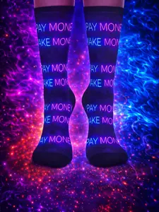 TOPNYNE “Pay Money Make Money” Neon Crew Socks – Purple & Blue Glow Streetwear