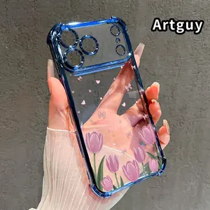 Phone Case for iPhone 17 Pro Max 16 15 Plus Air 14 13 12 11 E Tulip Bow Dream Pattern Four-corner Thickened Anti-drop Protective Silicone Cover Gift