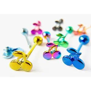 1pc Cherry Cherries Design Tongue Ring Titanium Anodized 14g Tounge Barbell