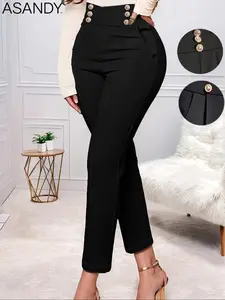Women's High-Waist Double-Breasted Suit Pants, Elegant, Fitted and Slimming, Perfect for Spring & Fall Seasons