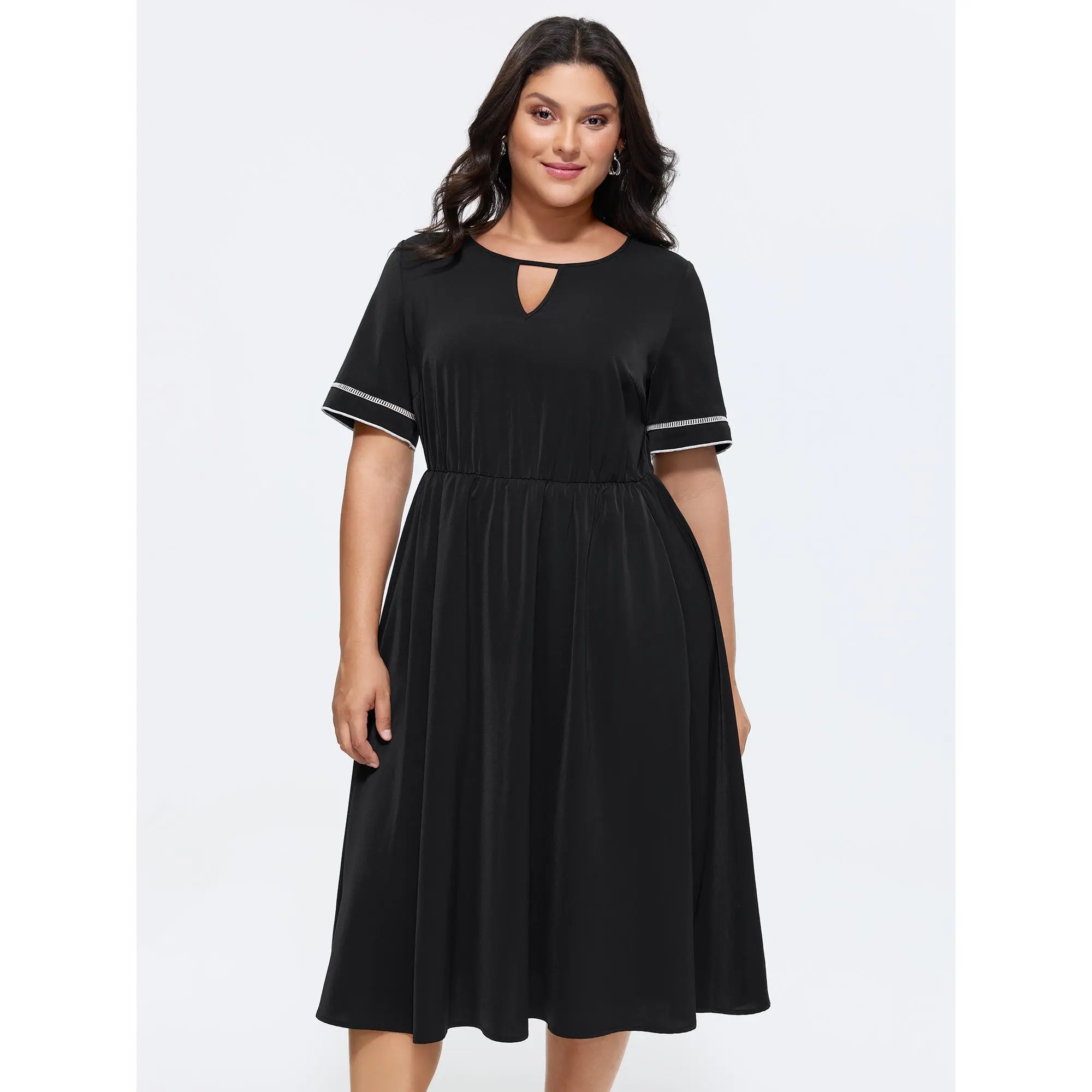 BloomChic Women's Curvy Dresses Plus Size Polyester Casual Midi Dress - 3/4 Sleeve, Keyhole Neckline, Lace Trim, Solid Color, Smocked, Fit-Flattering, Pocket, Smooth Fabric, Basic, Low Iron, M-6X, Spotlight Deal, Summer Casual Wear, Wash With Like Colors,