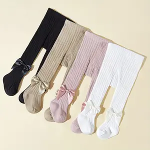 3/4 Pack of Solid Color Knitted Tights for Baby Girls, Suitable for Spring And Autumn, Featuring a Bow Design