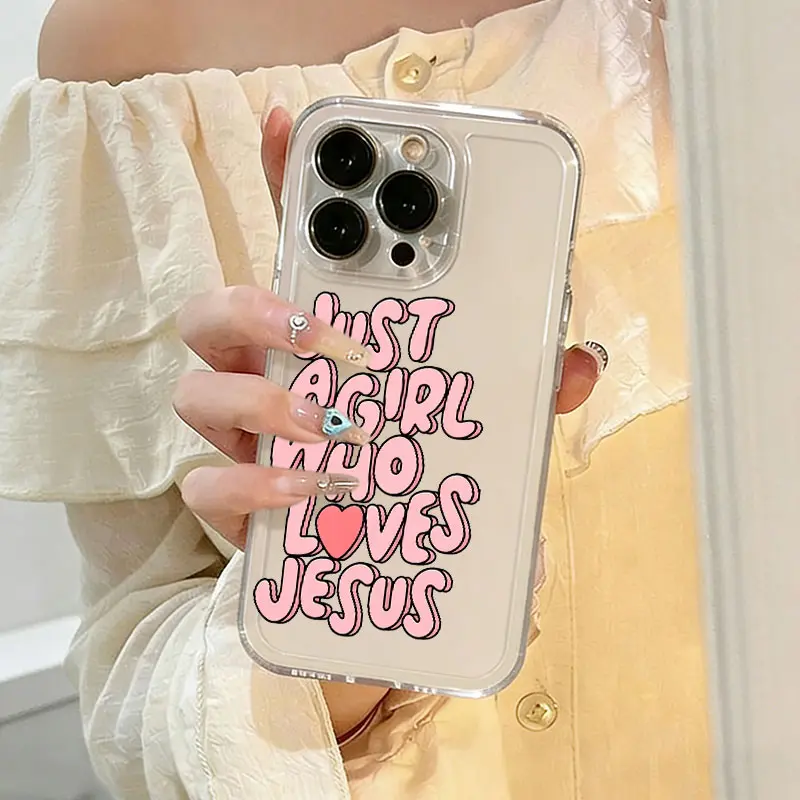 Just a Girl Who Loves Jesus Phone Case， Pink Heart Faith Style for iPhone 17 16 15 14 13 12 11 Plus Pro Max.