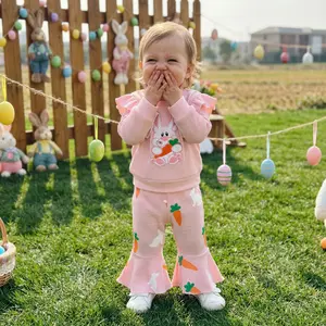 Toddler Baby Girl Easter Outfits Letter Bunny Embroidered Long Sleeve Sweatshirt and Print Bell Bottoms 2 Pcs Set