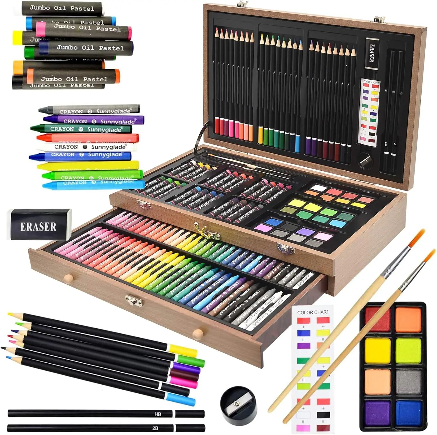 [Back to School]145 Piece Deluxe Art Set, Wooden Art Box & Drawing Kit with Crayons, Oil Pastels, Colored Pencils, Watercolor Cakes, Sketch Pencils, Paint Brush, Sharpener, Eraser, Color Chart