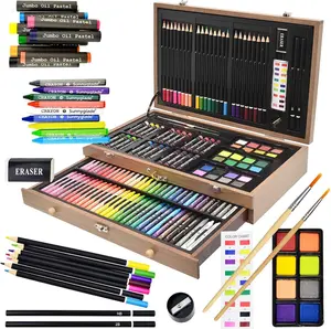 Sunnyglade 145 Piece Deluxe Art Set, Wooden Art Box & Drawing Kit with Crayons, Oil Pastels, Colored Pencils, Watercolor Cakes, Sketch Pencils, Paint Brush, Sharpener, Eraser, Color Chart (Tan)