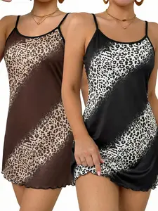 Women's Leopard Print Fitted Sleepwear Set, Two-Piece Sleeveless Short Dress & Nightgown, Comfortable Loungewear for Women