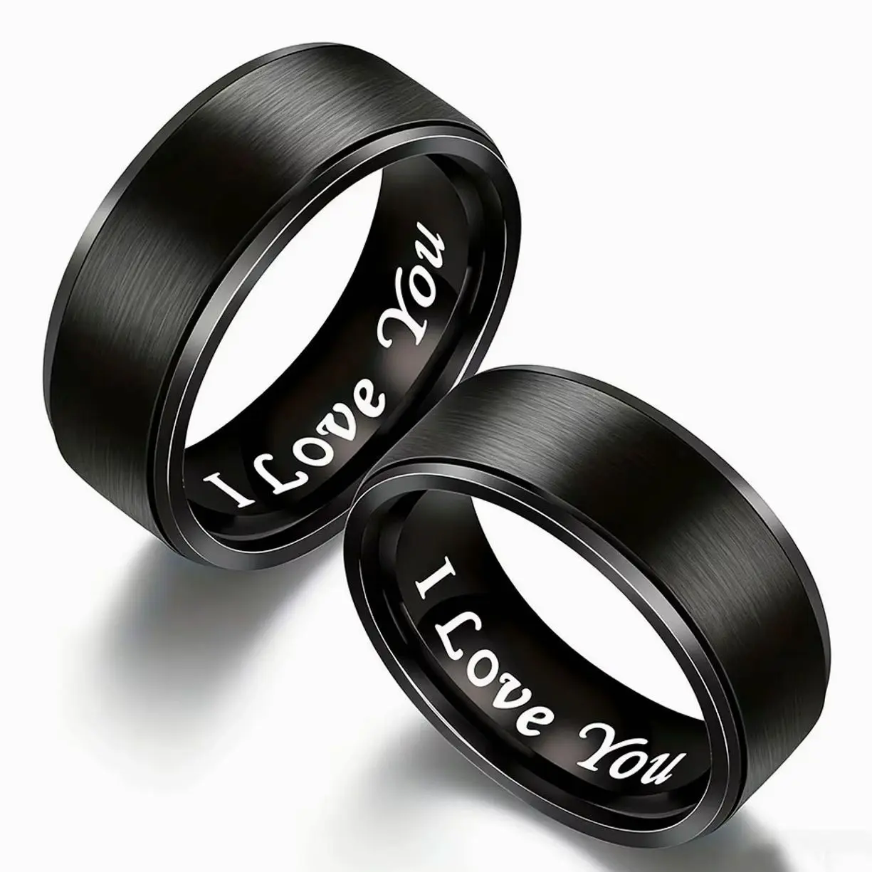 I Love You Engraved Titanium Promise Rings, Matching Black White Band for Couples Anniversary Gift