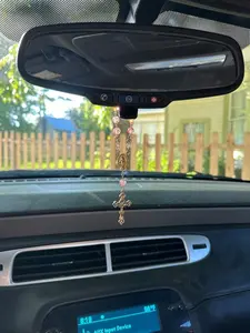 Rear View Mirror Car Rosary Beads - Antique Gold Cross Pendant - Car Protection Beads