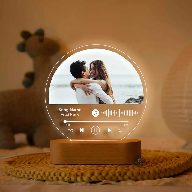Custom Photo Oval Wood LED Night Light with 6" (15.24cm) Acrylic Plaque, Elegant Wood Base, High-Quality UV Print, Black Text, 7-Color Light, Personalized Home Decor for Bedroom Gifts (Ideal for Bf, Besties)