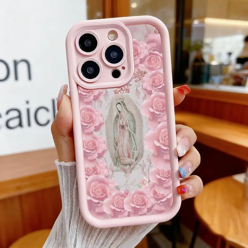 Pink rose Guadalupe Madonna pattern phone case. Compatible with iPhone 17 Pro Max/16 Pro Max/15 Plus/14/13/12/11, TPU soft case. Compatible with Galaxy S26 Ultra/S25 Plus/S24/S23, Dopamine color. Compatible with Galaxy A54/A53/A33/A15.