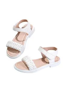 Girls Fashion Flat Sandals, Simple Solid Color Shoes, Woven Pattern & Velcro Design, Soft Non-Slip Casual Summer Shoes, Comfortable Kids Footwear for Daily Casual Outings