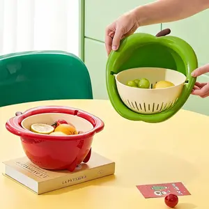 Cute Apple Shape Draining Basket, Dual Layer Fruit Washing Tool, Kitchen Home Living Room Fruit Bowl, Vegetable Sink