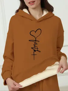 Women's Heart & Letter Print Thermal Lined Hoodie, Tops, Fashion Casual Long Sleeve Hooded Sweatshirt for Daily Holiday Outdoor Wear, Women Clothing for Fall & Winter