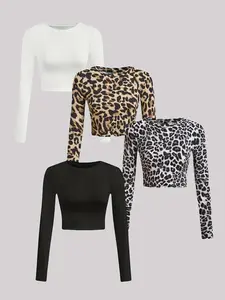 Women's Leopard Print & Plain Long Sleeve Basic Tee, Casual Fashion Round Neck T-shirt for Daily Outdoor Wear, Women's Clothing for Fall & Winter, Womenswear