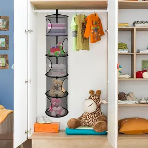 5-Layer Hanging Mesh Toy Storage Bag Foldable Stuffed Animal Net Hammock Organizer for Gloves Hats Socks Bedroom Playroom Storage