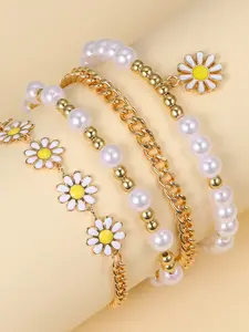 4 Pcs New Small Gold Bead Pearl Bracelet Set, Creative Bohemian Beach Daisy Bracelets for Women, Fashion Jewelry Gift Idea