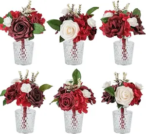 TINGE TIME Wedding Centerpieces Table Decorations, Set of 6, Burgundy Artificial Flowers Wedding Mini Flowers Bouquets Pre-Made Mini Floral for Dessert Desk Home Decor Box Glass
