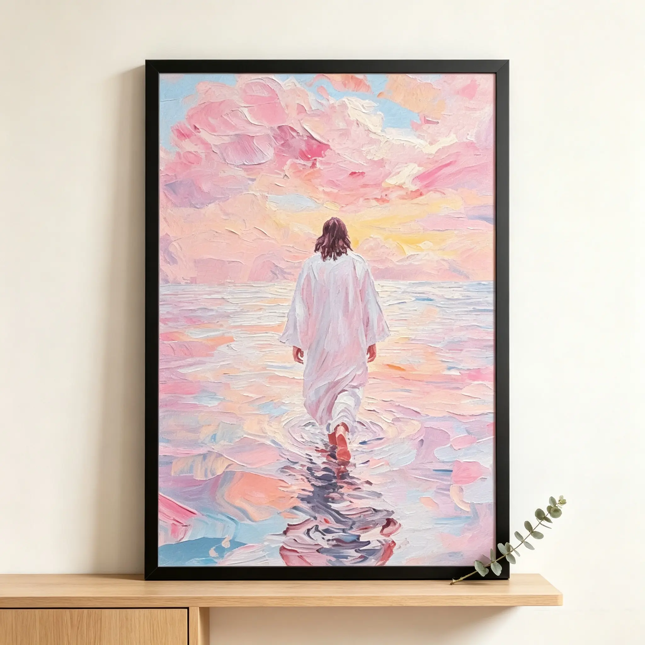 Pink Jesus walking on water wall poster, Christian wall art, religious Savior image, suitable for living room, prayer room, bedroom, wall decor