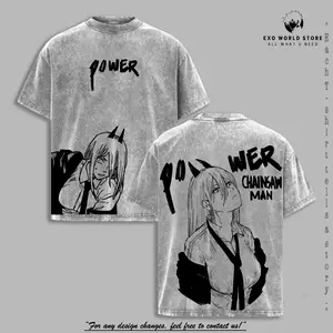 Power The Blood Fiend Vintage Oversize Washed T-Shirt, Chainsaw Man Heavy Cotton Anime Graphic Tee, Retro Streetwear for Men and Women