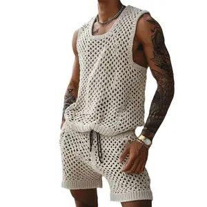 Men Crochet 2 Piece Outfits Mesh Sheer Tank and Shorts Summer Fishnet Shorts Set for Beach Casual