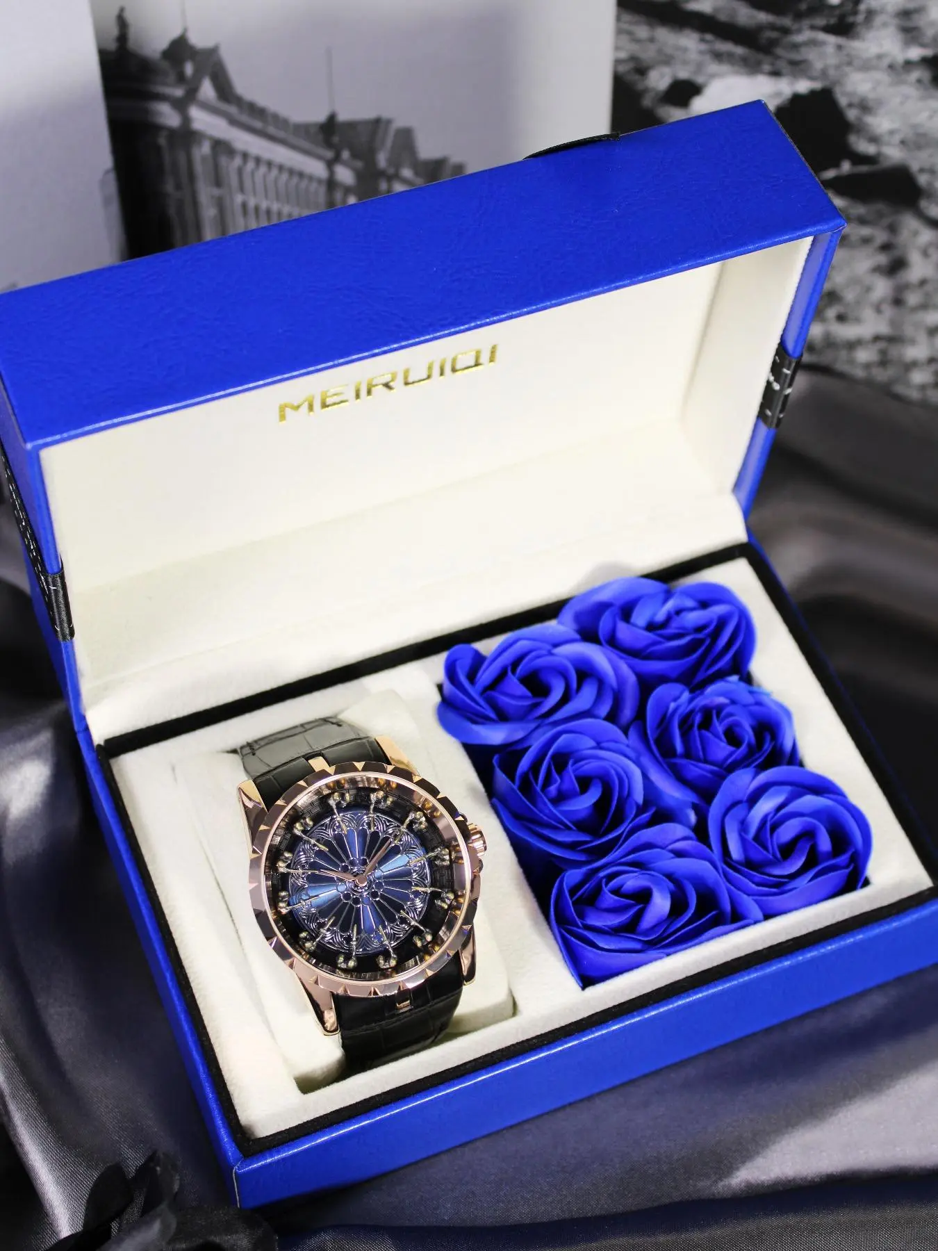 Men's Business Fashion Round Dial Analog Quartz Watch, with Rose Gift Box, Fashion Watch for Party, Daily Decor, Trendy Exquisite Watch for Birthday Gift